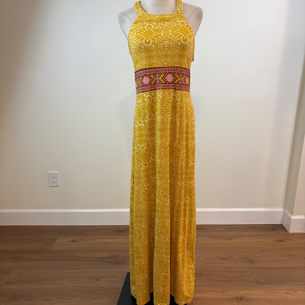Prana Skye Maxi Dress Womens M Yellow Paisley Halter Built-in Bra Granola Boho - Picture 2 of 8